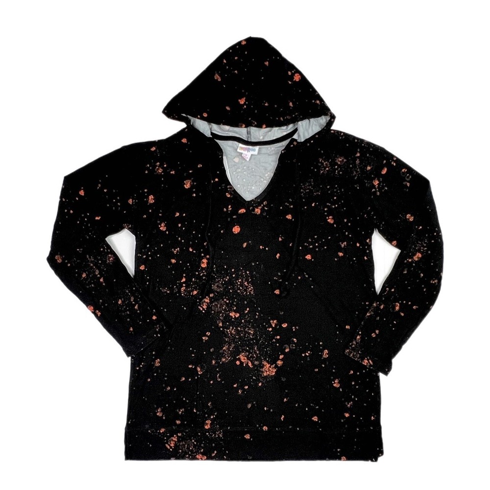 Medium LuLaRoe Eliza Hooded Top Halloween Orange Splatter on Black Fits 10/12